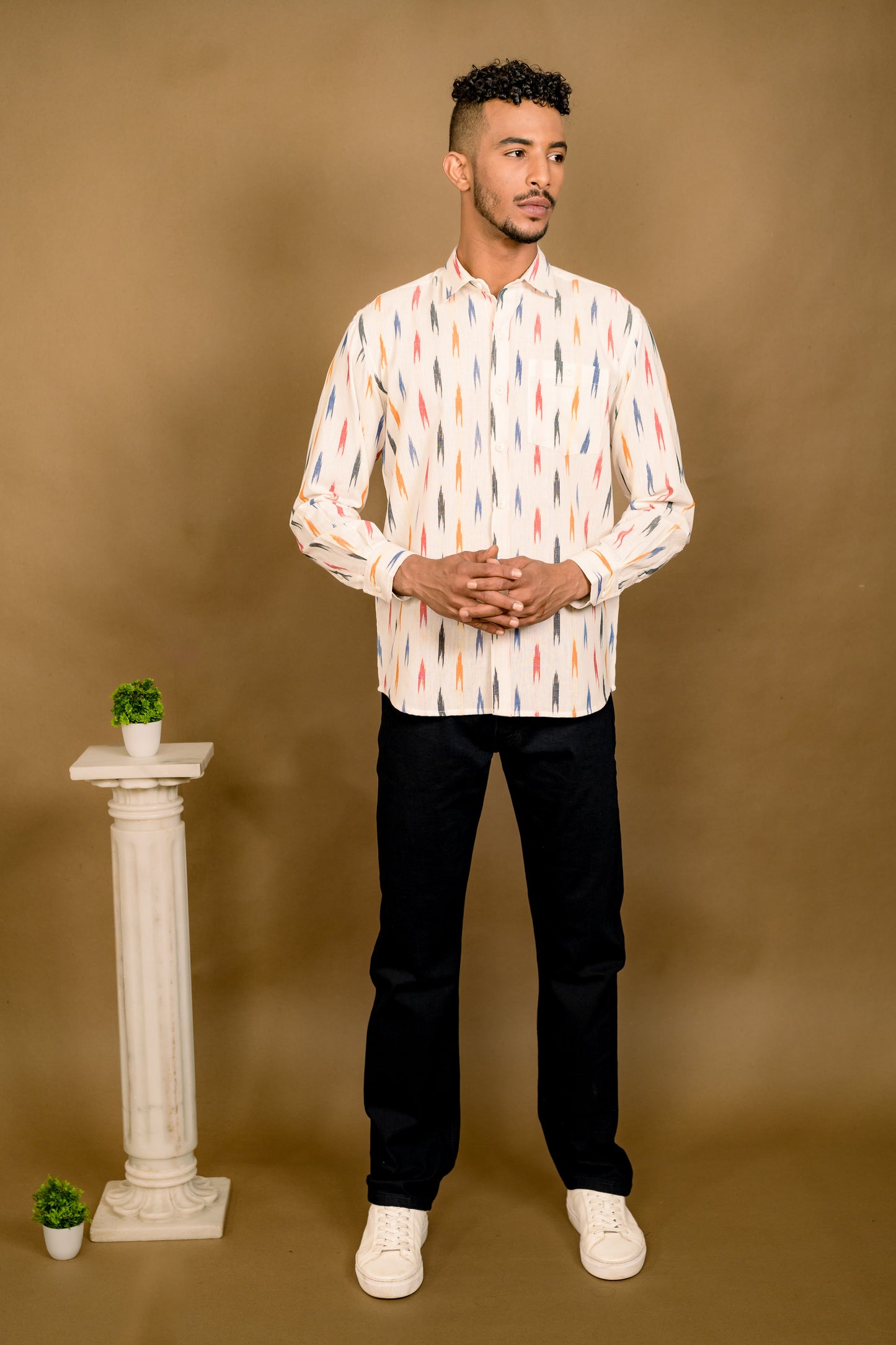 Short Sleeved Ikat Shirt- Cream