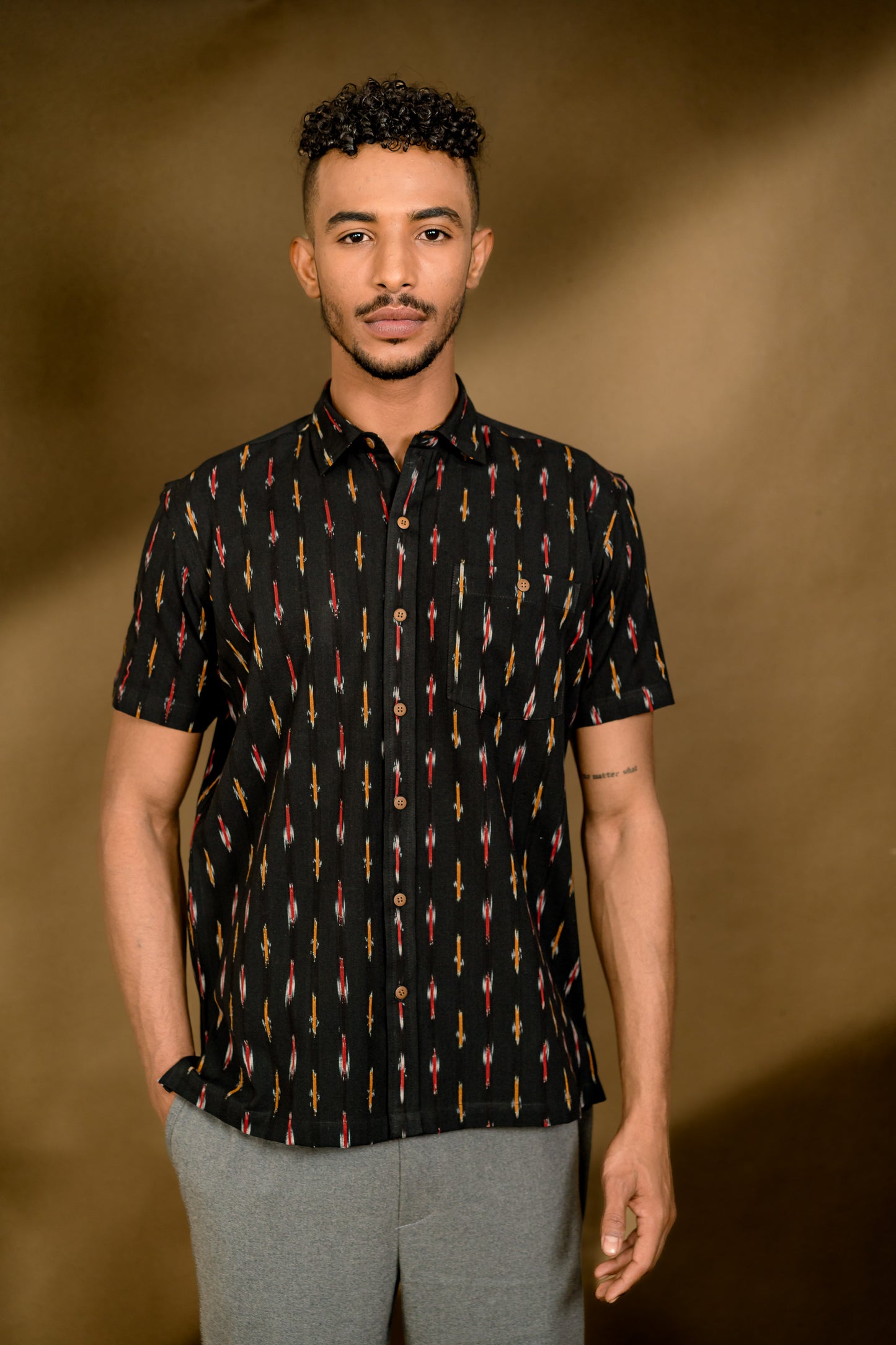 Short Sleeved Ikat Shirt - Black