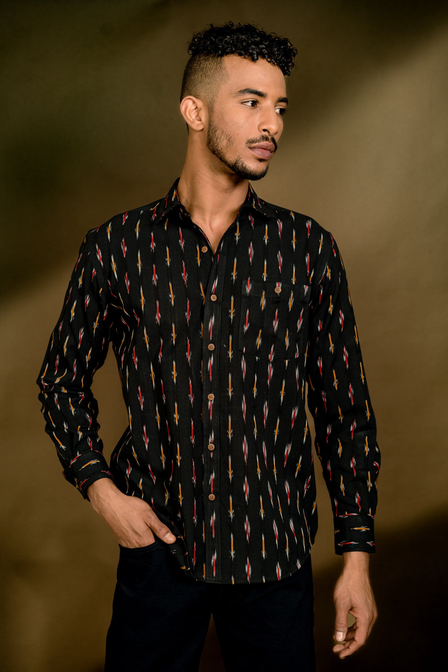 Short Sleeved Ikat Shirt - Black