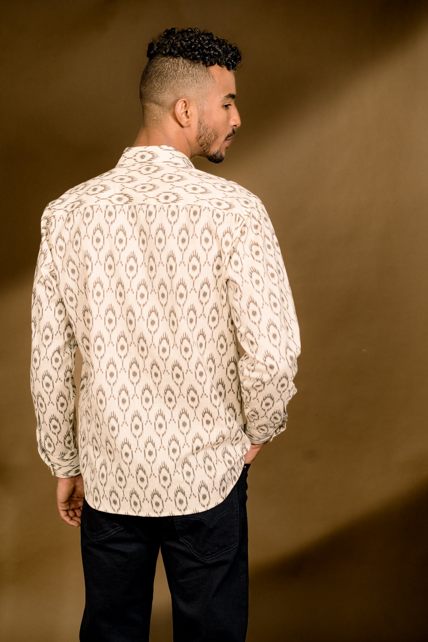 Long Sleeve Ikat Printed Men's Shirt - Cream