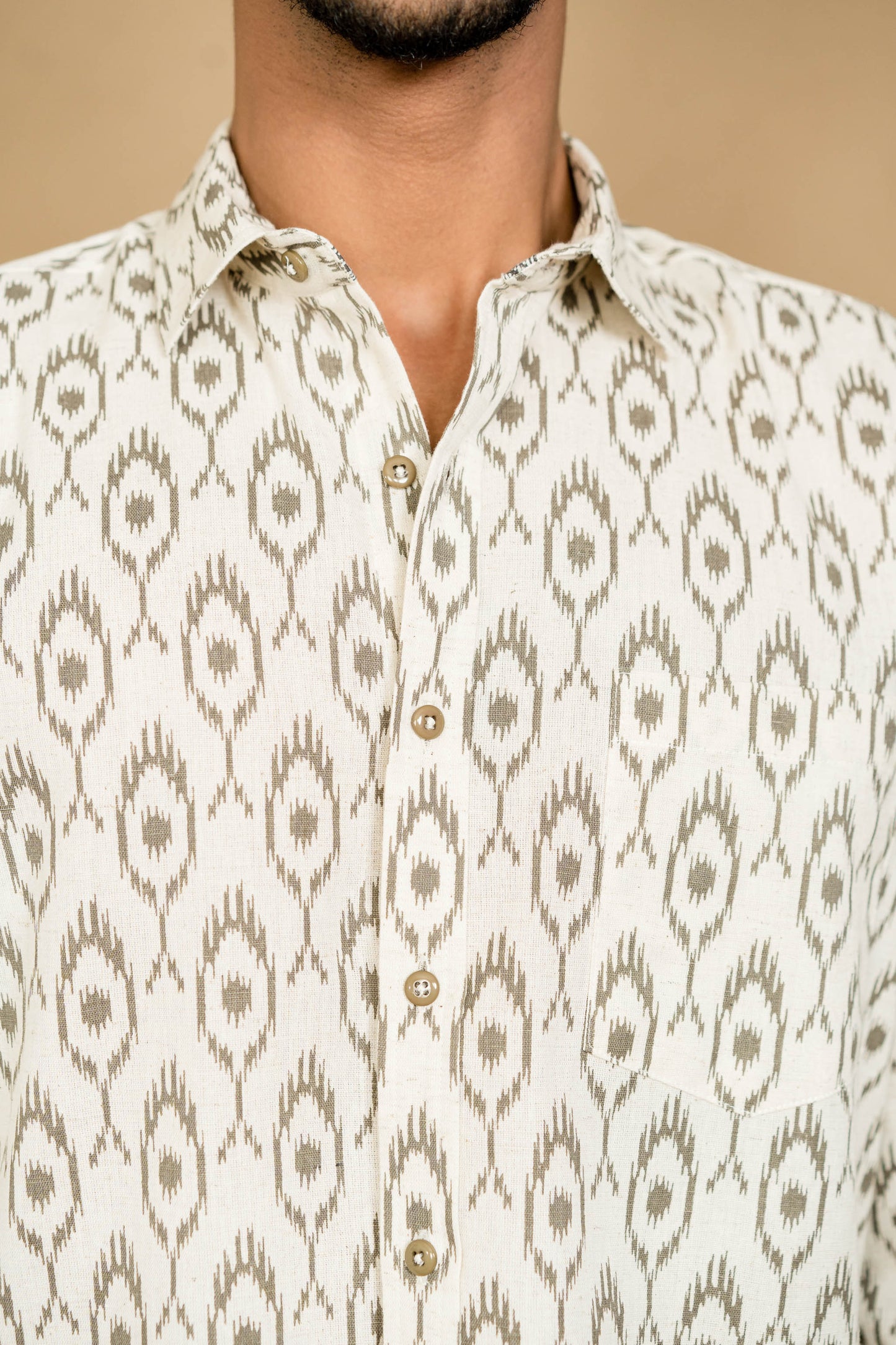 Long Sleeve Ikat Printed Men's Shirt - Cream