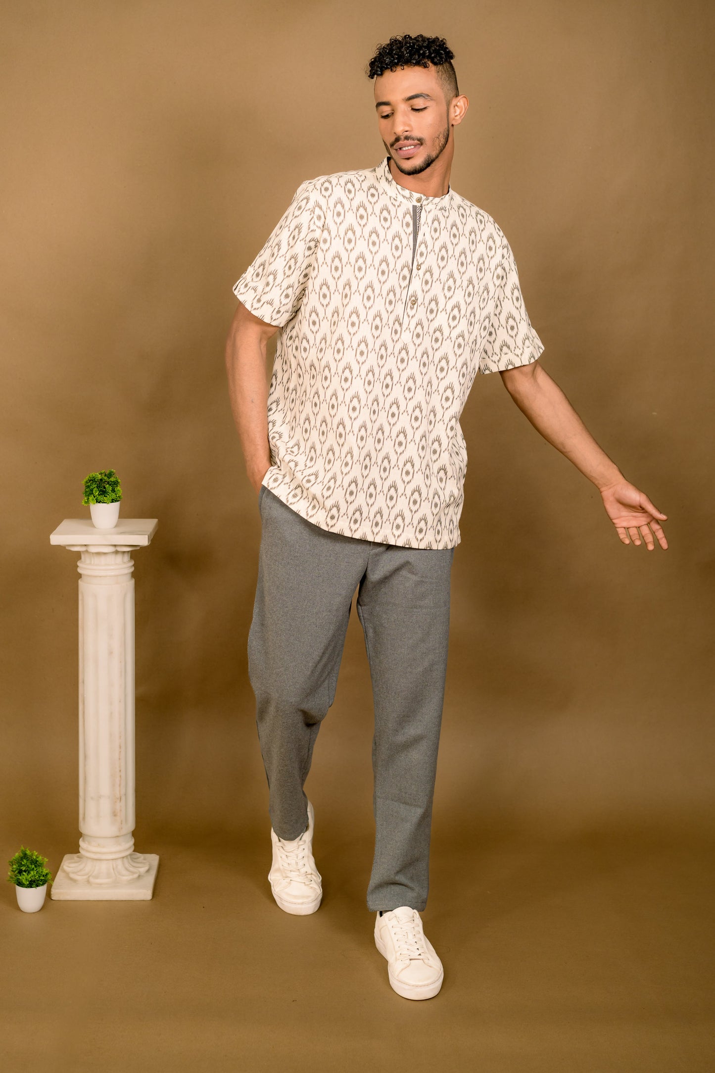 Ikat Print Mandarin Collar Shirt