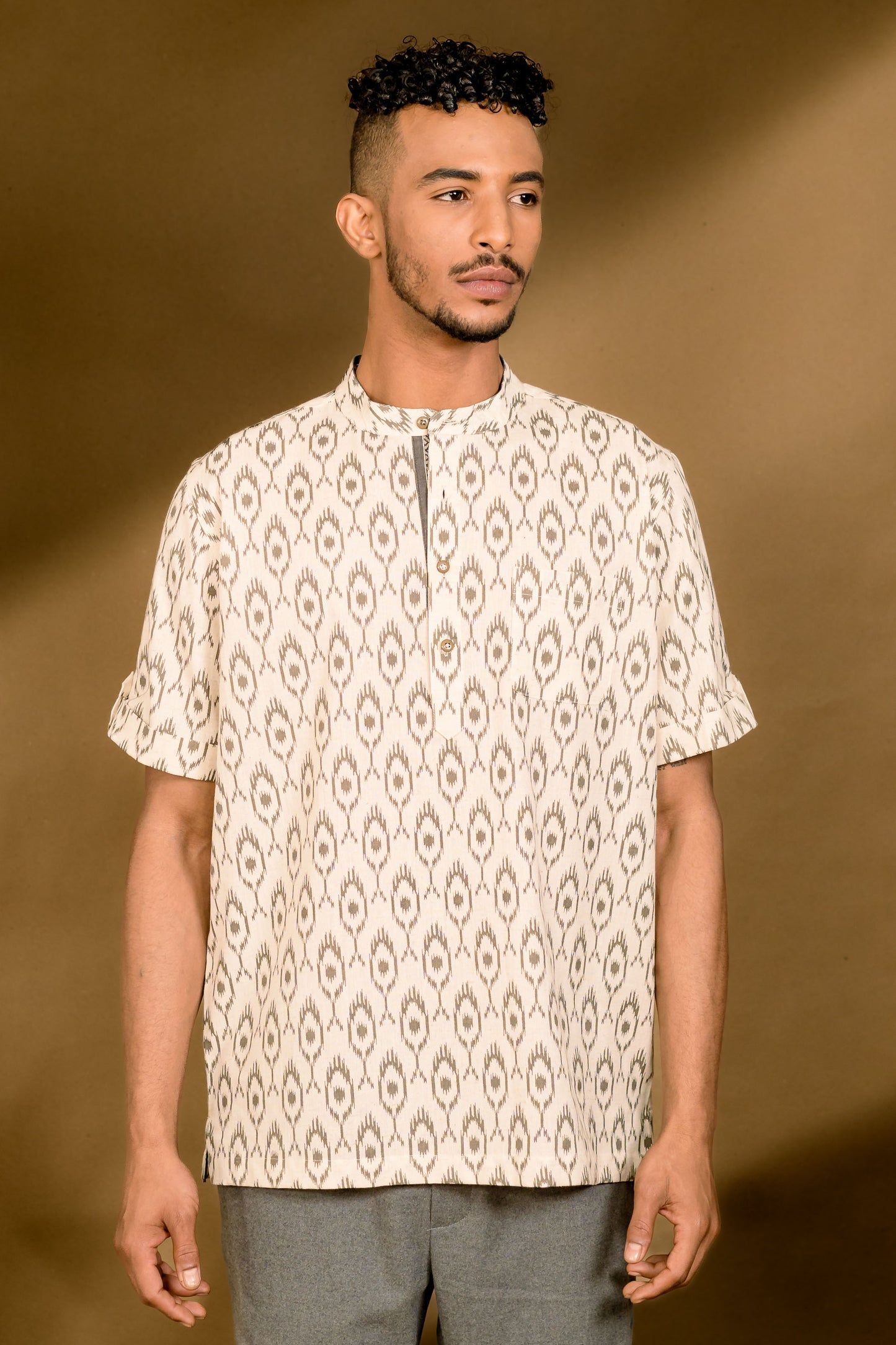 Ikat Print Mandarin Collar Shirt