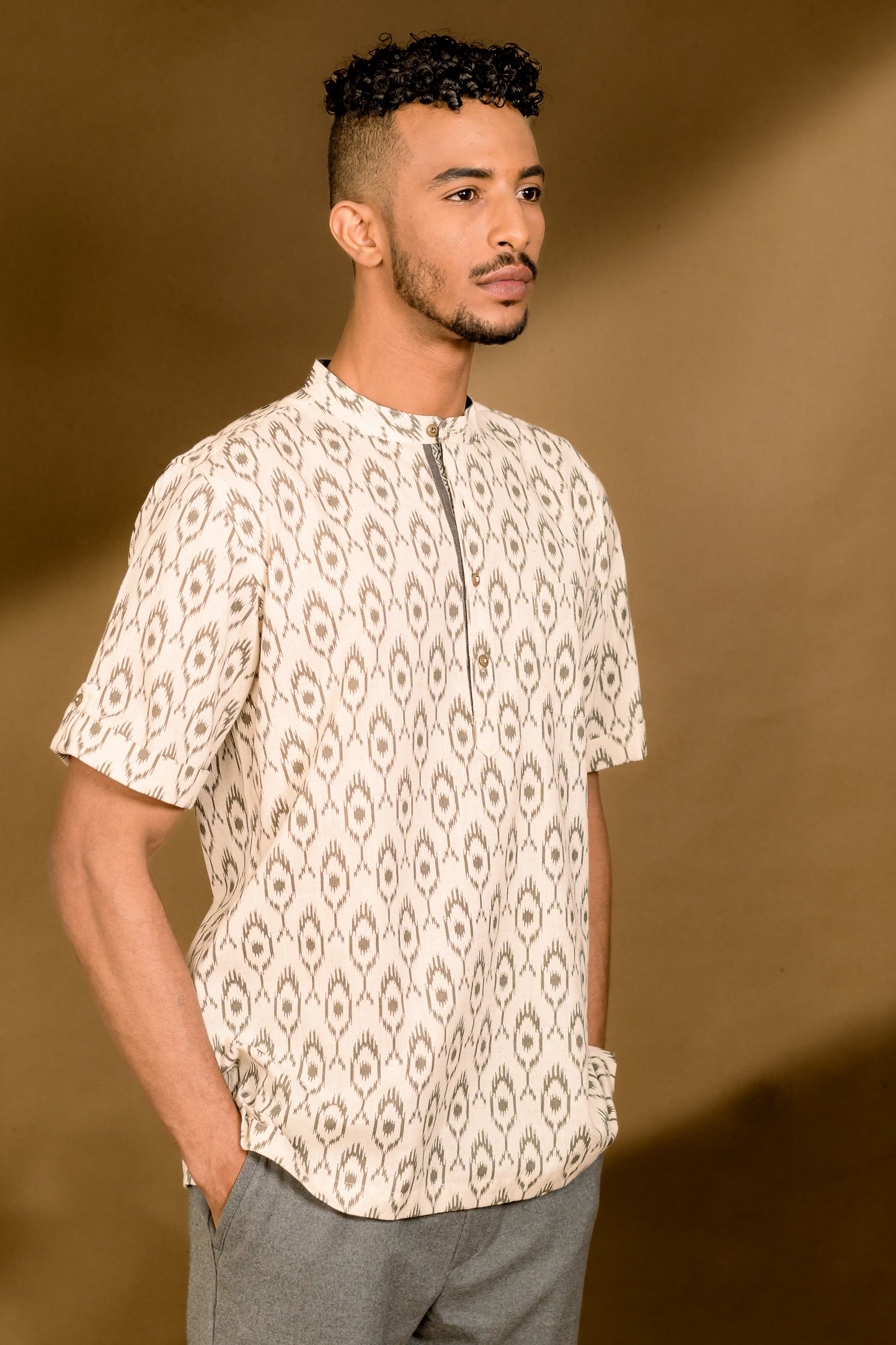 Ikat Print Mandarin Collar Shirt