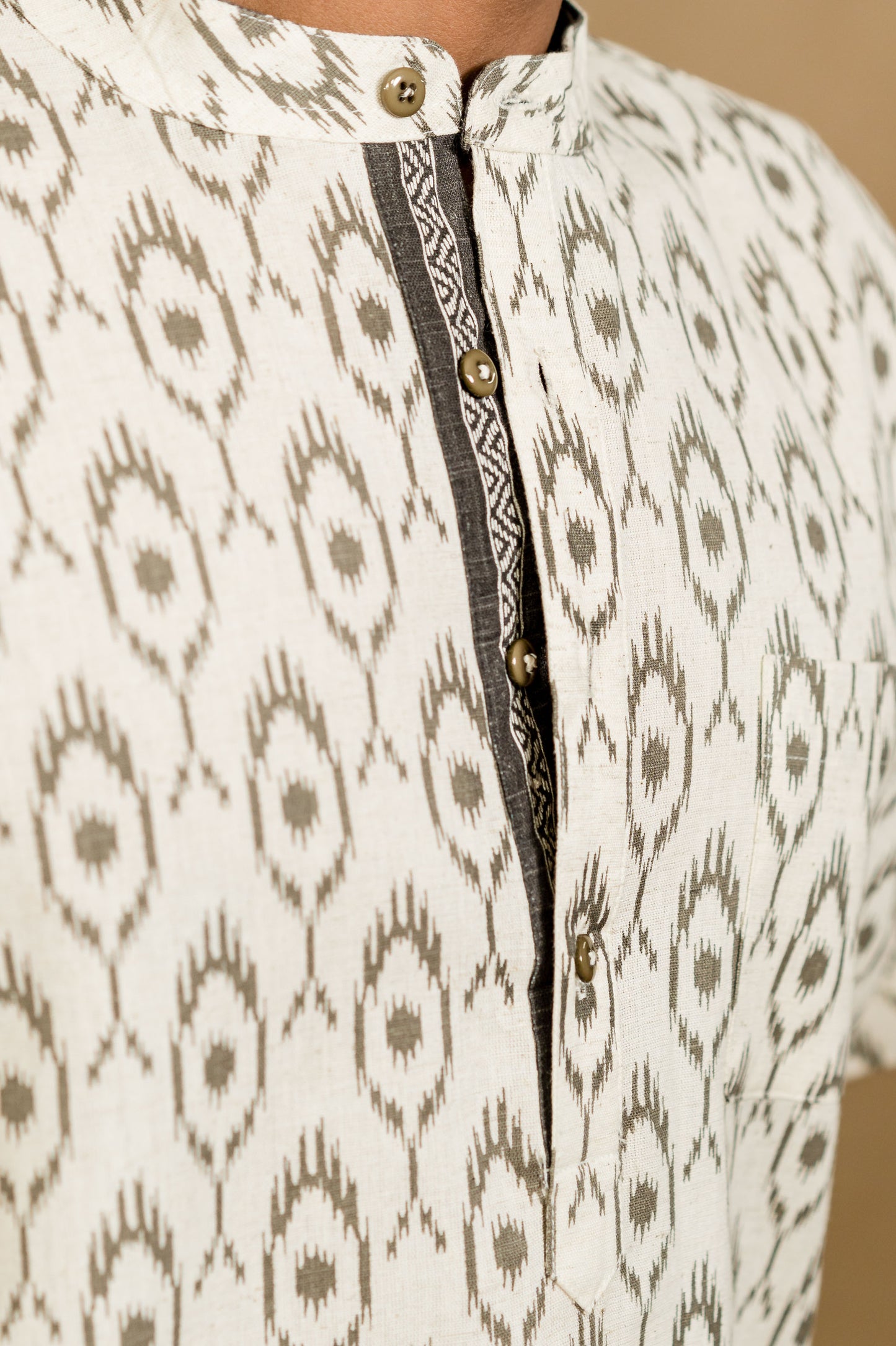 Ikat Print Mandarin Collar Shirt